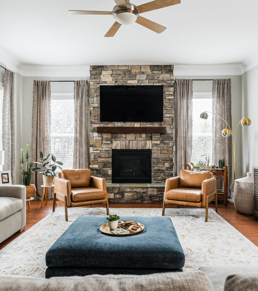 Warm, collected living room designed by Hayden Home Studio in Charlotte NC