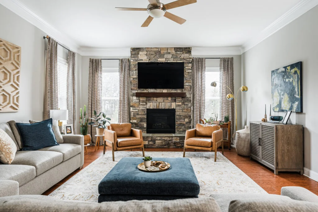 Warm, collected living room designed by Hayden Home Studio in Charlotte NC